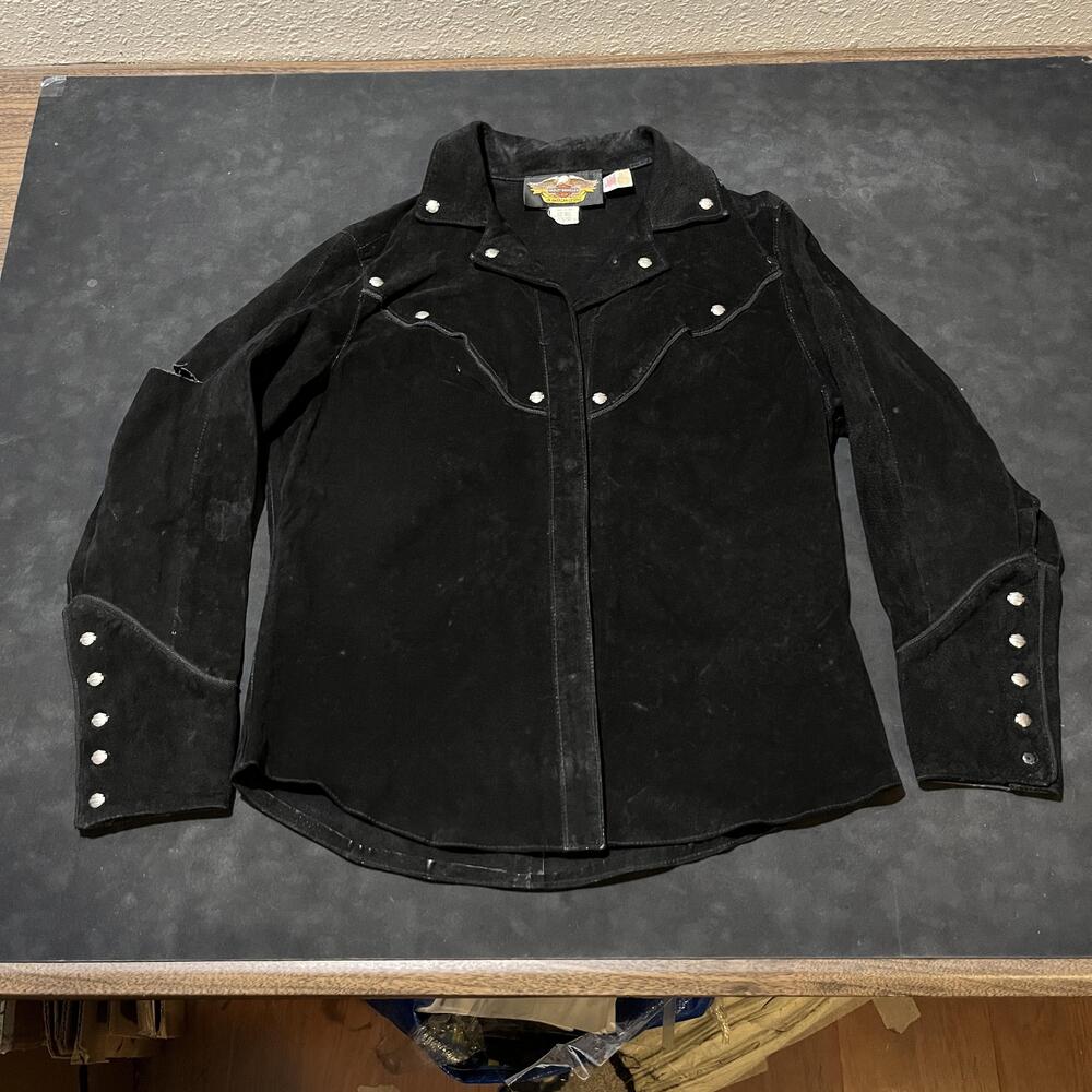 Vintage Harley-Davidson Jacket Womens Small Black Suede Western Studded USA 90s